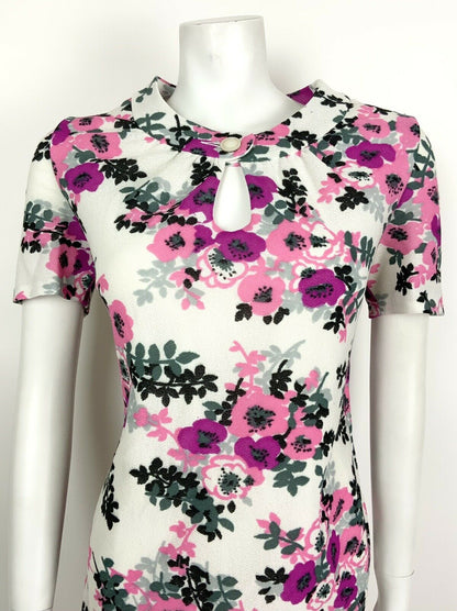 VINTAGE 60s 70s WHITE PINK PURPLE GREY BLACK FLORAL ROSE SHIFT DRESS 14 16