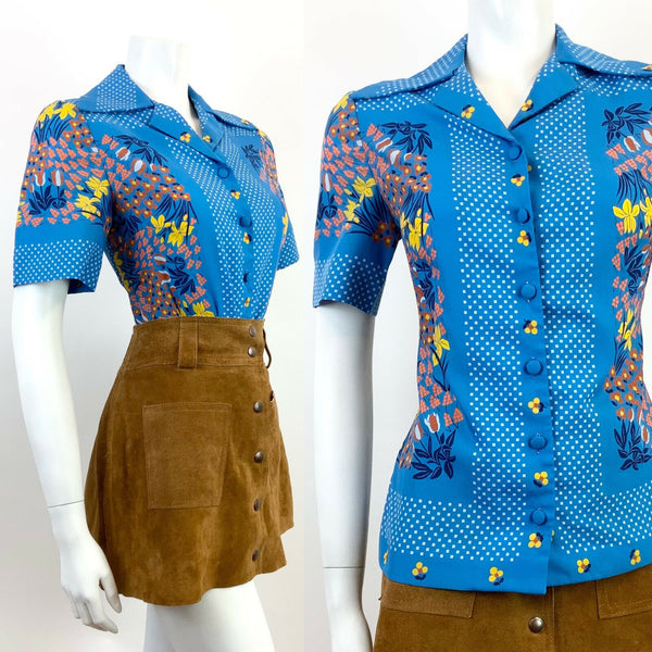 VTG 60s 70s BLUE YELLOW ORANGE FLORAL PSYCHEDELIC CHECKED DAGGER BLOUSE TOP 12