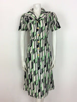 VINTAGE 70s SHIRT DRESS ABSTRACT GEOMETRIC GREEN BLACK WHITE 12 14