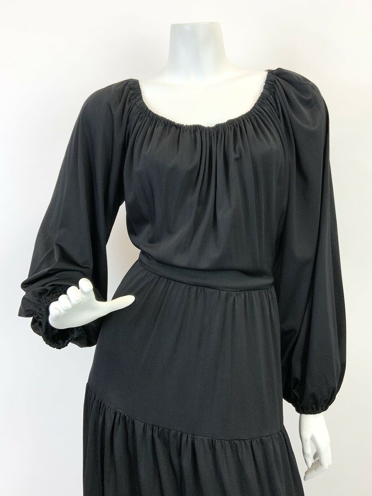 VINTAGE 60s 70s JET BLACK PUFF SLEEVE TIERED BOHO FOLK MAXI DRESS 10