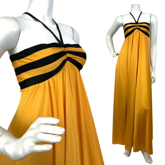 VINTAGE 60s 70s YELLOW BLACK STRIPED EMPIRE LINE MOD STRAPPY MAXI DRESS 6