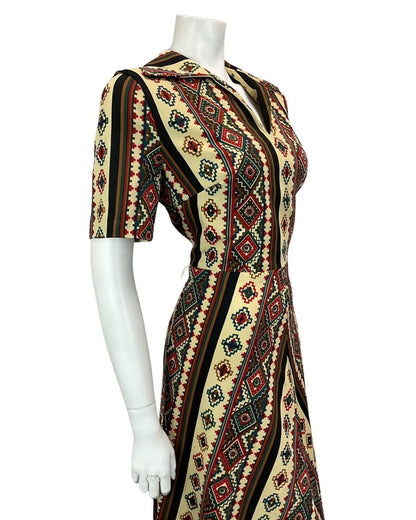 VINTAGE 60s 70s TAN BROWN RED AZTEC FOLK A LINE MIDI DRESS 14