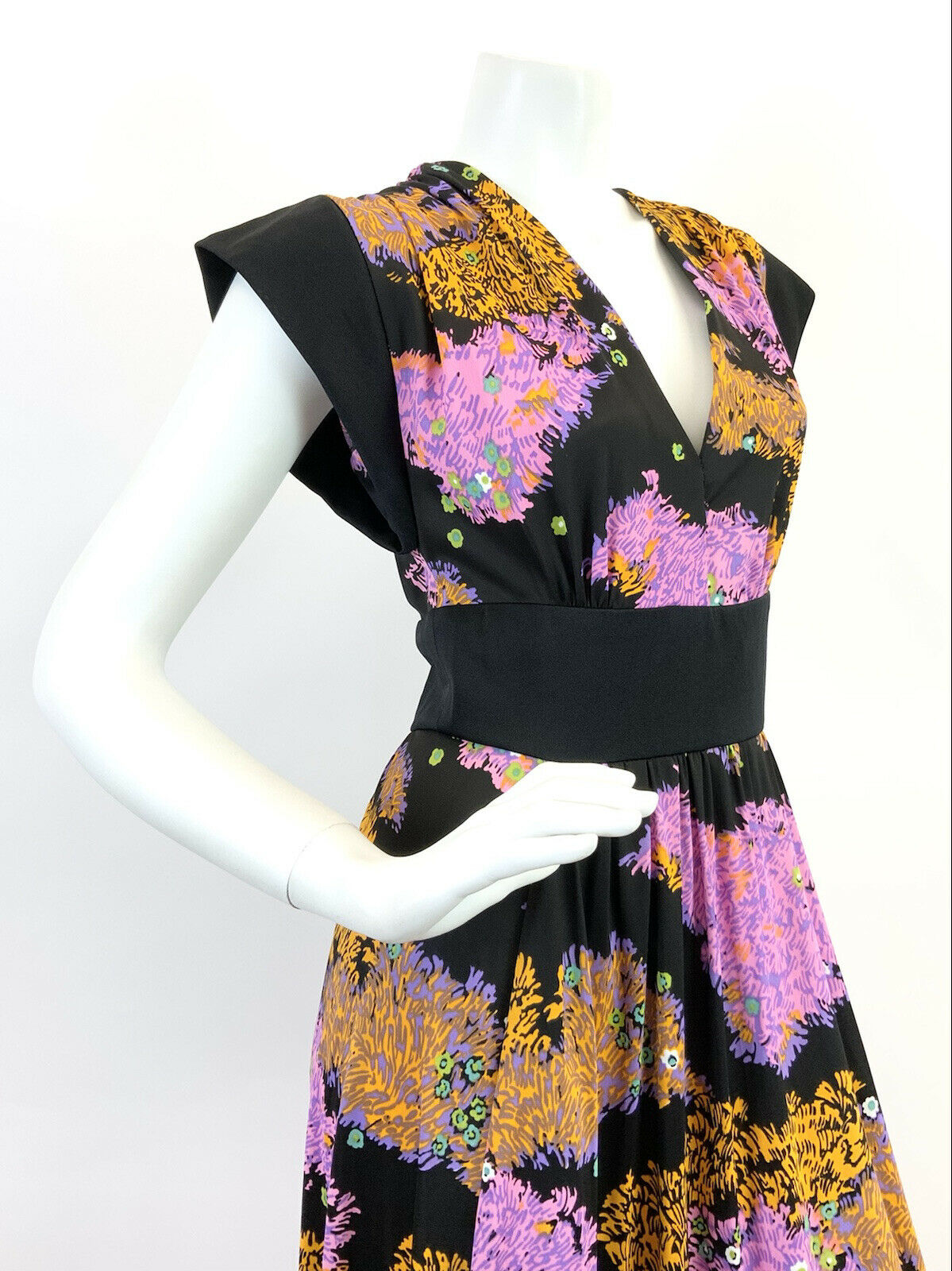 VINTAGE 60s 70s BLACK YELLOW PURPLE FLORAL PSYCHEDELIC MAXI DRESS 8 10