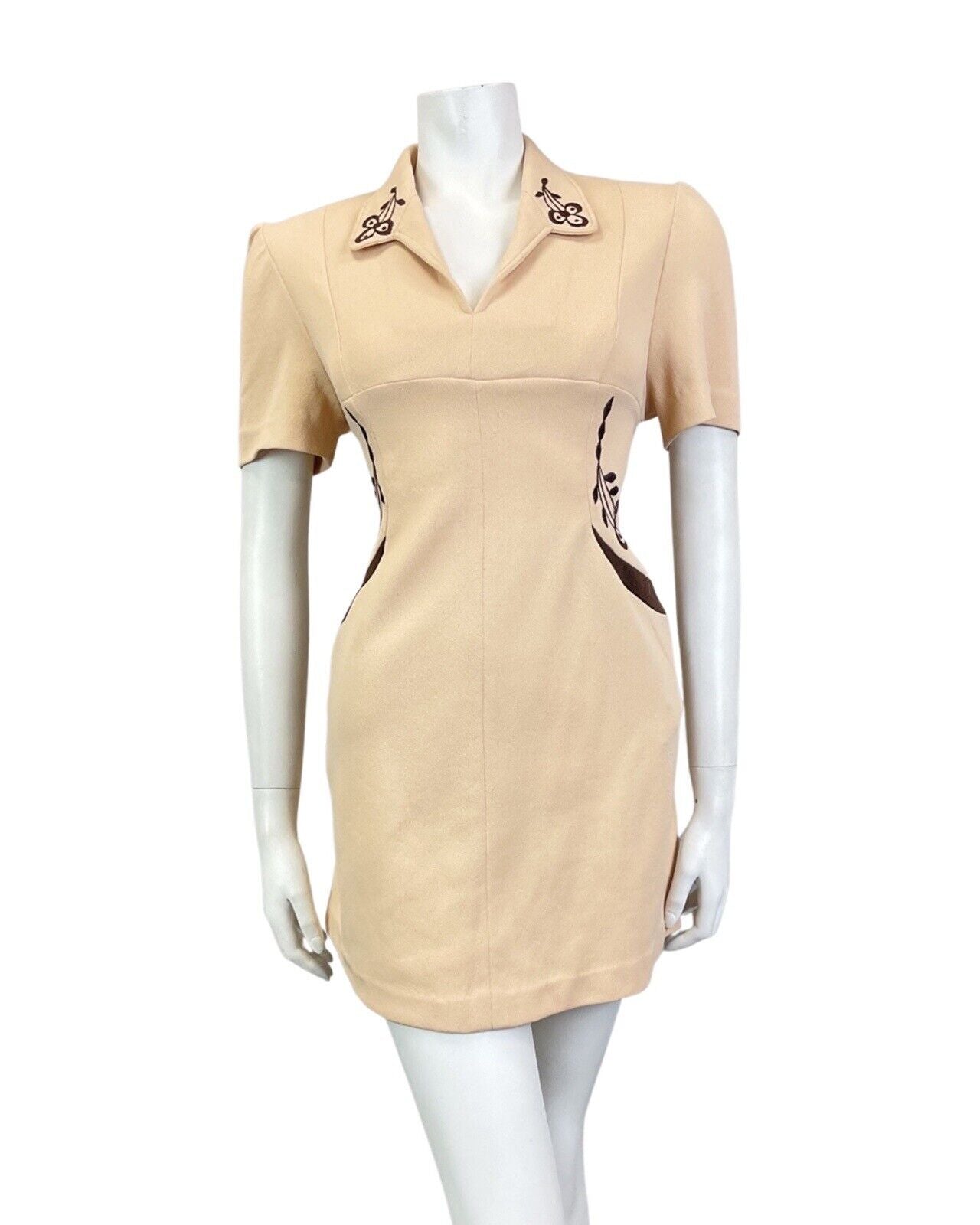 VINTAGE 60s 70s CREAM BROWN FLORAL EMBROIDERED MOD SHORT MINI DRESS 10 12