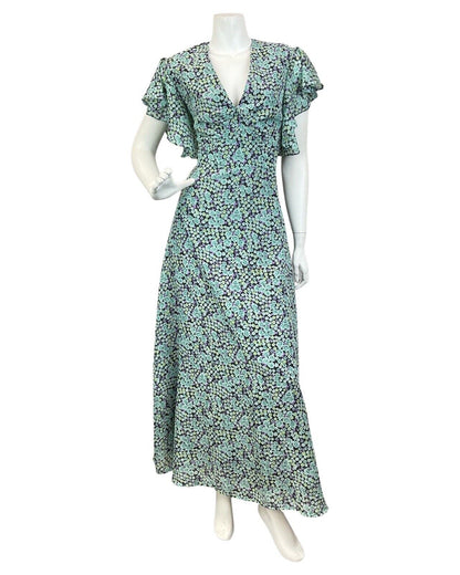 VINTAGE 60s 70s GREEN BLUE PURPLE DITSY FLORAL RUFFLED BOHO MAXI DRESS 12