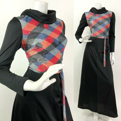 VTG 60s 70s BLACK RED ORANGE SILVER BLUE LUREX DIAMOND CHECK MAXI DRESS 10