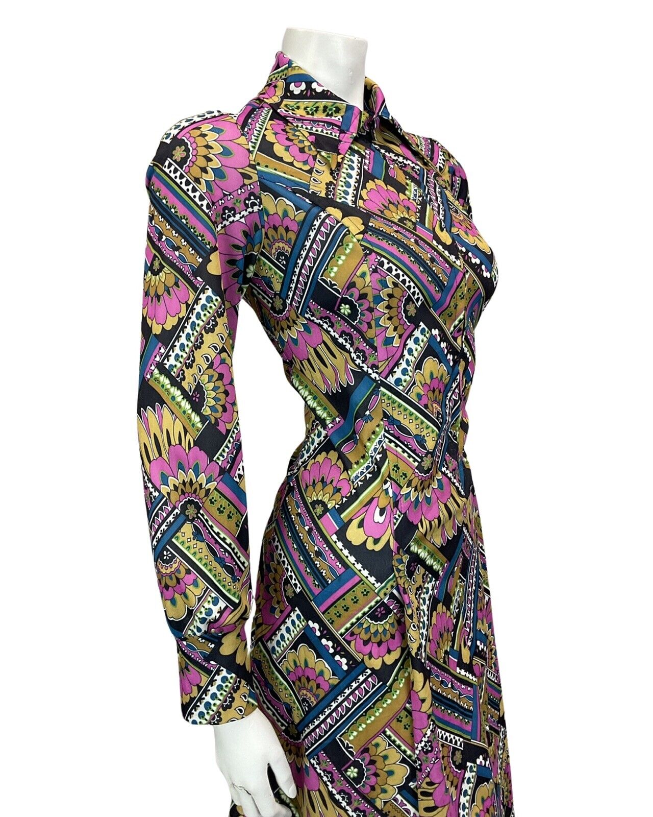 VINTAGE 60s 70s BLACK PURPLE BLUE GREEN PSYCHEDELIC MOD MIDI DRESS 8 10