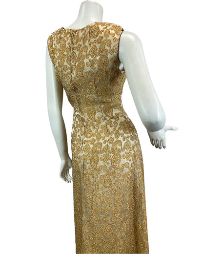 VTG 60s 70s GOLD BRONZE PAISLEY PRINT EMBROIDERED BOHO PARTY  MAXI DRESS 10 12