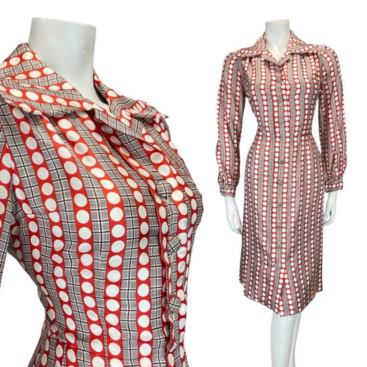 VINTAGE 60s 70sRED WHITE BROWN GRID CHECKED DOTTY MOD SHIRT DRESS 10