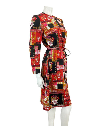 VINTAGE 60s 70s RED BLACK GOLD PATCHWORK FLORAL DAISY BELTED MOD DRESS 12 14