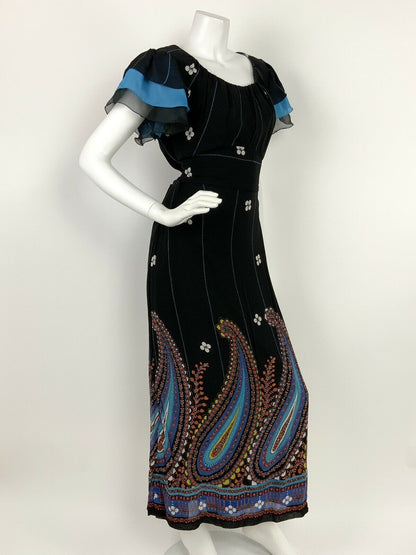 VINTAGE 60s 70s BLACK BLUE RED WHITE FLORAL PAISLEY GYPSY FOLK MAXI DRESS 12 14