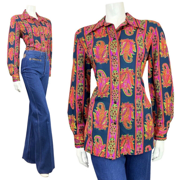 VTG 60s 70s BLUE NEON PINK GREEN PSYCHEDELIC FLORAL PAISLEY DAGGER SHIRT 14 16