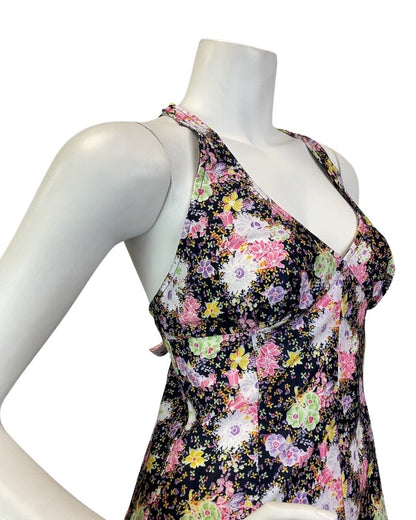 VINTAGE 60s 70s BLACK PINK YELLOW FLORAL DITSY RUFFLED HALTER MAXI DRESS 8 10