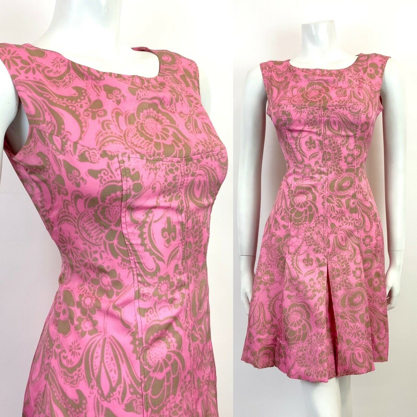 VINTAGE 60s 70s NEON PINK GREY FLORAL BAROQUE PSYCHEDELIC MOD MINI DRESS 8