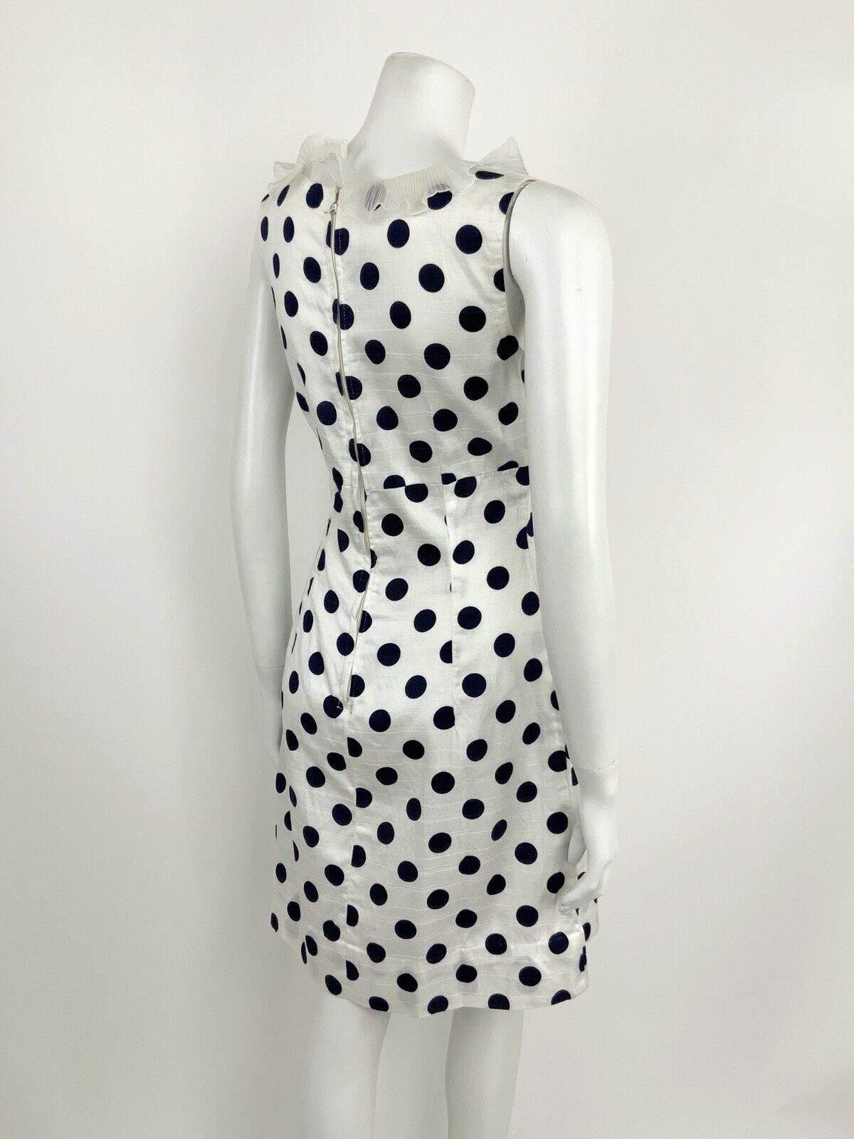 VTG 60s 70s NAVY BLUE WHITE POLKA DOT FLOUNCE RUFFLE EMPIRE MOD DRESS 10 12