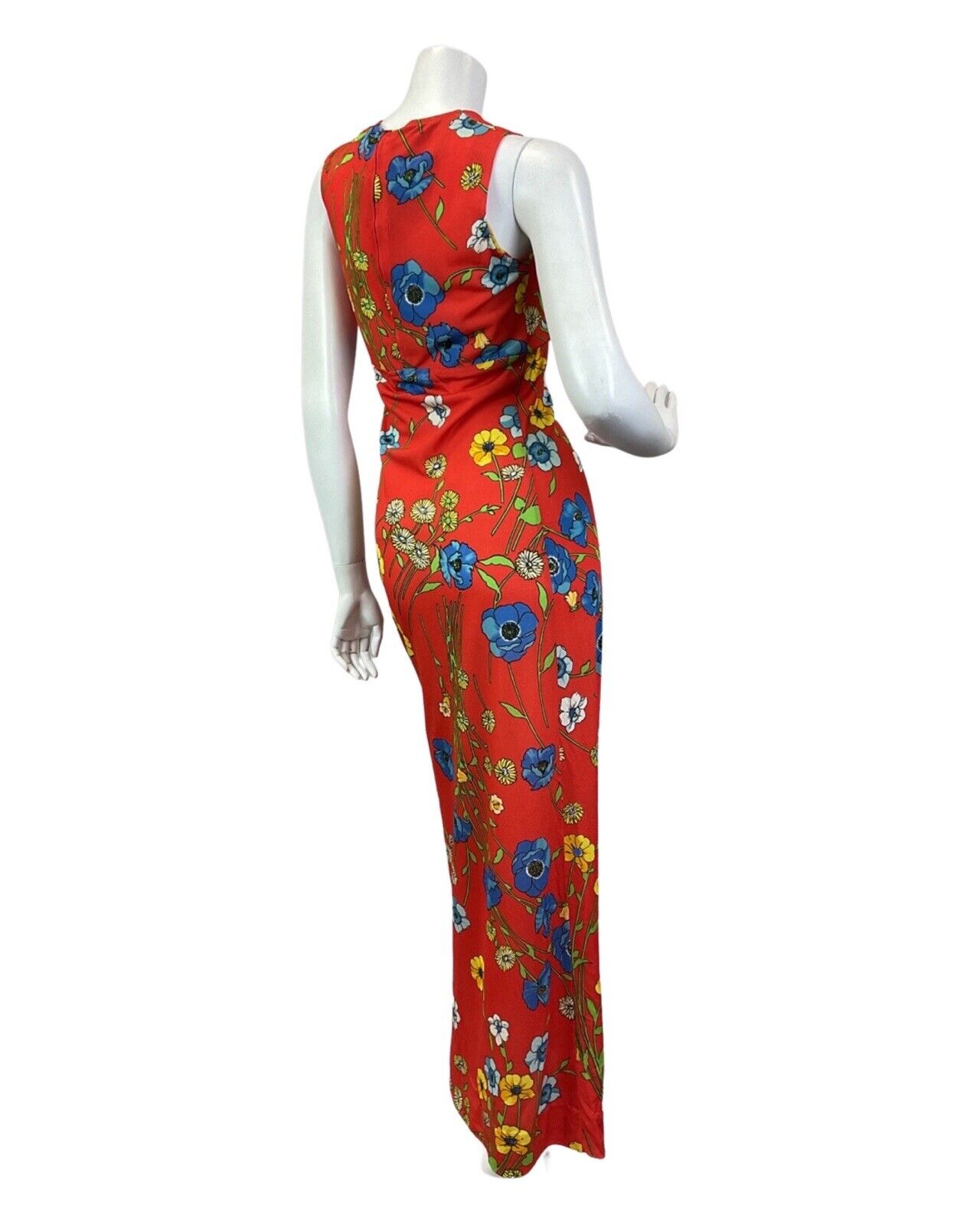 VINTAGE 60s 70s RED BLUE YELLOW FLORAL POPPY SLEEVELESS MOD MAXI DRESS 8