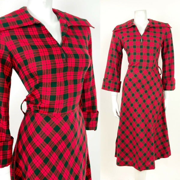 VINTAGE 60s 70s RED GREEN TARTAN CHECKED WINGED COLLAR PLAID FLARED DRESS 8 10