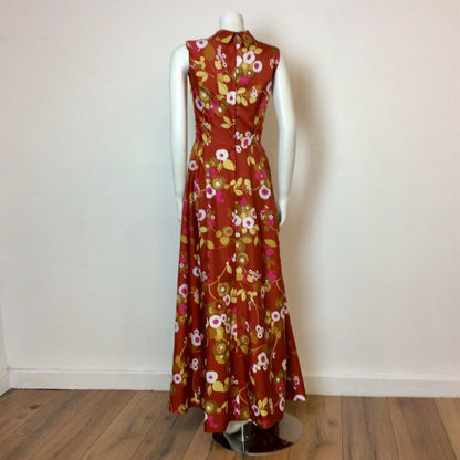 VINTAGE 1970S RUST SATEEN ABSTRACT FLORAL PRINT MAXI DRESS 10 12