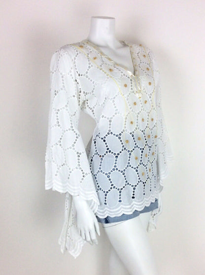 VTG 60s 70s WHITE ETHNIC PEASANT TOP WATERFALL CAPE SLEEVE LACE EYELET 10 12 14