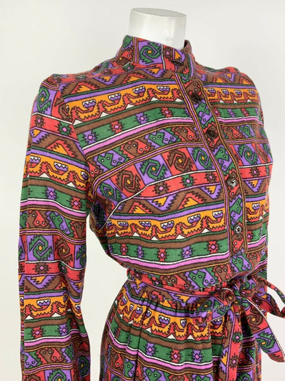 VTG 60s 70s PURPLE RED GREEN YELLOW AZTEC GEOMETRIC TRIBAL DRESS 8 10 12