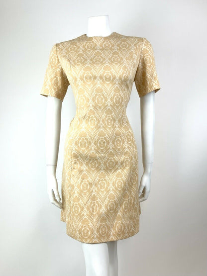 VINTAGE 60s 70s BEIGE WHITE FLORAL DAMASK MOD SCOOTER MINI FITTED DRESS 14 16