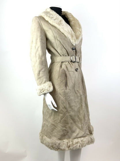 VINTAGE 60s 70s CREAM SUEDE LEATHER SHEARLING BELTED BOHO PRINCESS COAT 10 12