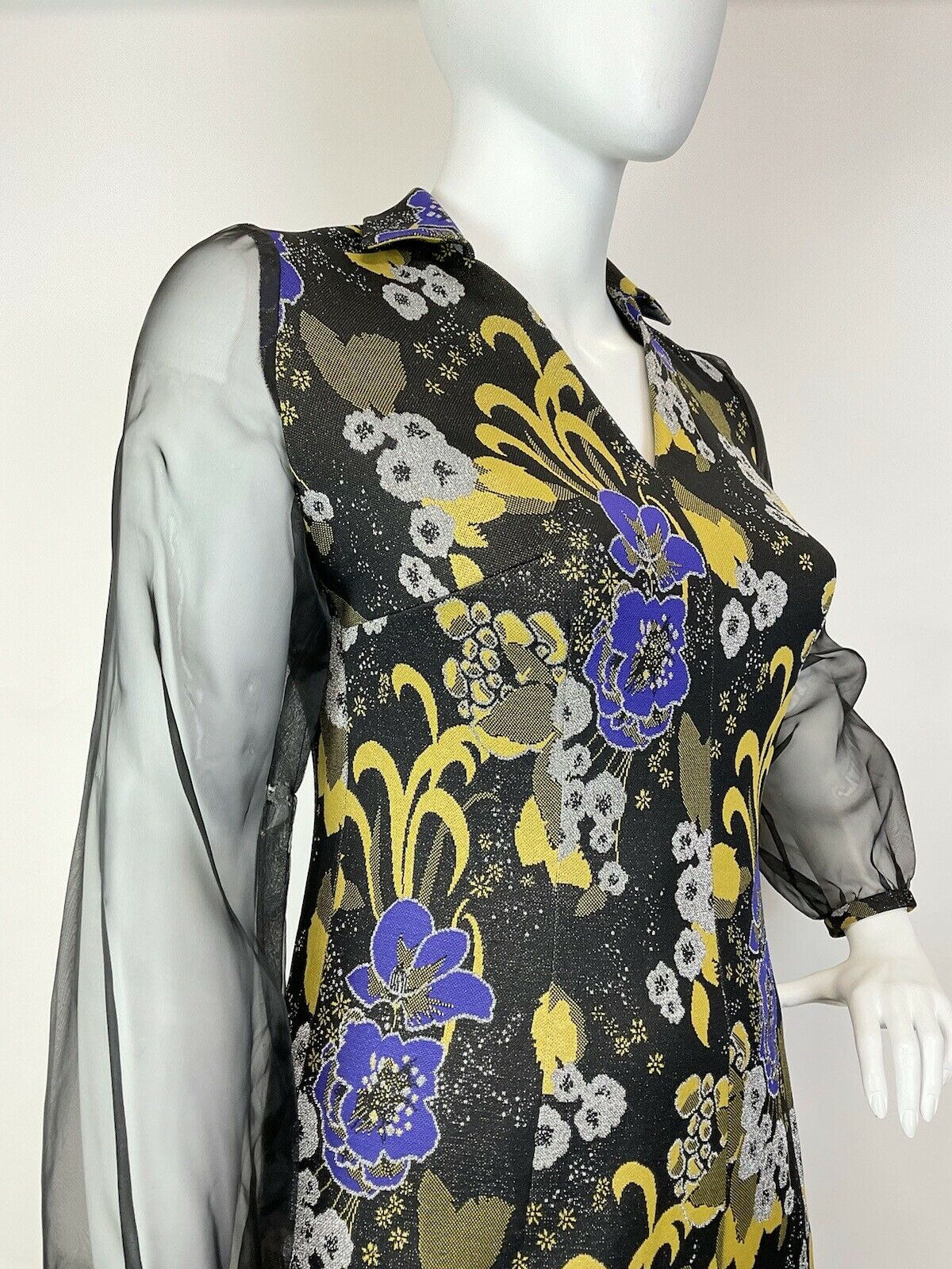 VTG 60s 70s BLACK PURPLE YELLOW LUREX PSYCHEDELIC FLORAL SHEER MAXI DRESS 16 18