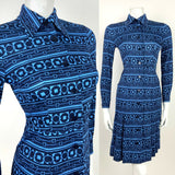 VINTAGE 60s 70s MOD BLUE NAVY GEOMETRIC STRIPED PLEATED SHIRT DRESS 6 8