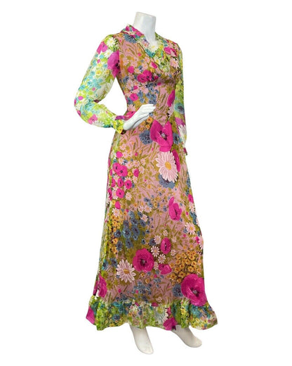 VINTAGE 60s 70s GREEN PINK BLUE GARDEN FLORAL DAISY SUMMER SHEER MAXI DRESS 6