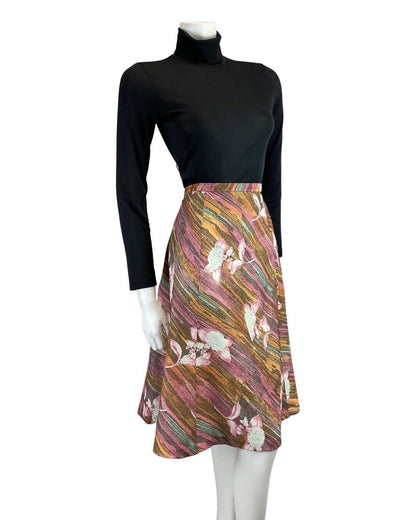 VINTAGE 60s 70s ORANGE PINK BROWN STRIPED FLORAL KNEE-LENGTH FLARED SKIRT 12