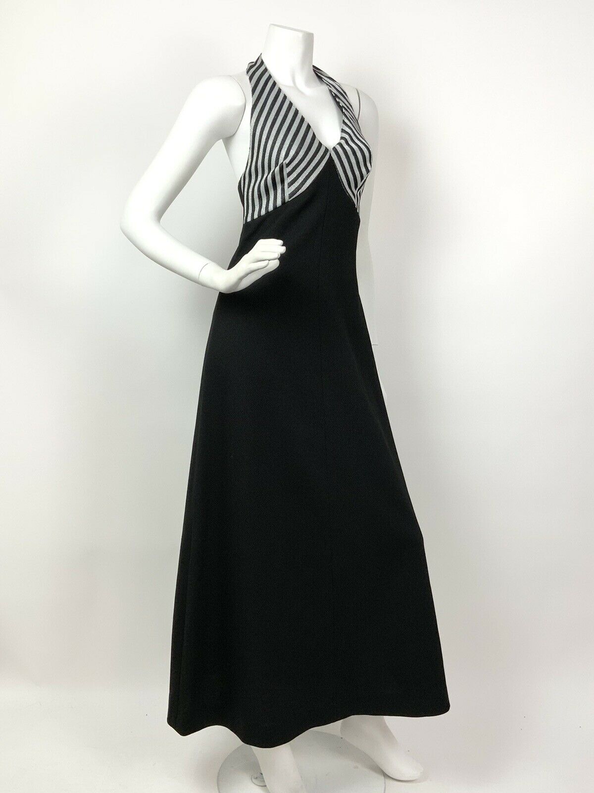 VINTAGE 60s 70s SILVER METALLIC BLACK STRIPED HALTER STUDIO 54 GLAM MAXI DRESS 6