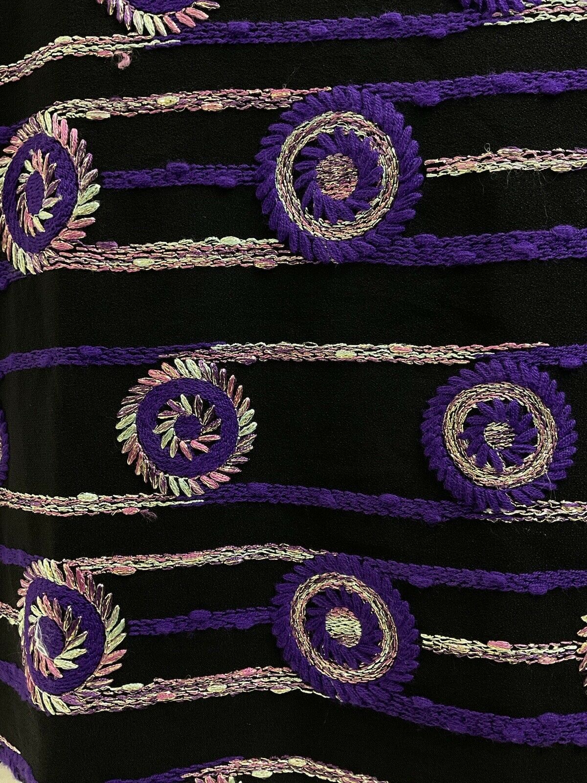 VTG 60s 70s BLACK PURPLE GOLD MINT EMBROIDERED GEOMETRIC MOD MAXI DRESS 12 14