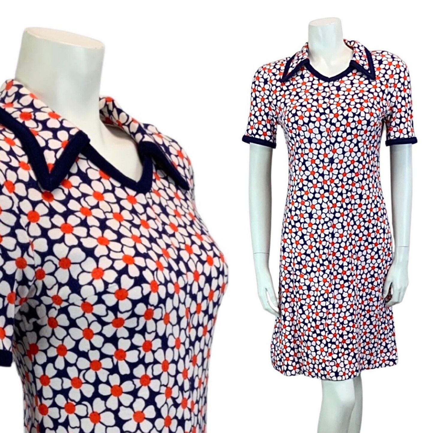 VINTAGE 60s 70s WHITE NAVY BLUE RED FLOWER DAISY MOD DAGGER SHIRT DRESS 8 10