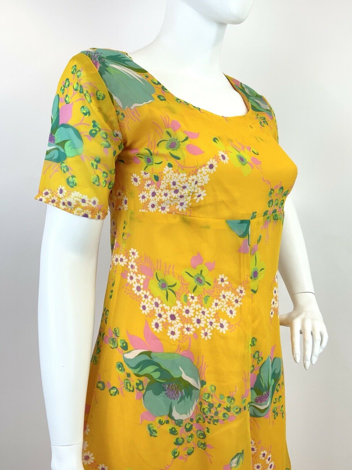 VINTAGE 60s 70s YELLOW PINK GREEN FLORAL DAISY SHEER FLOATY MAXI DRESS 16 18