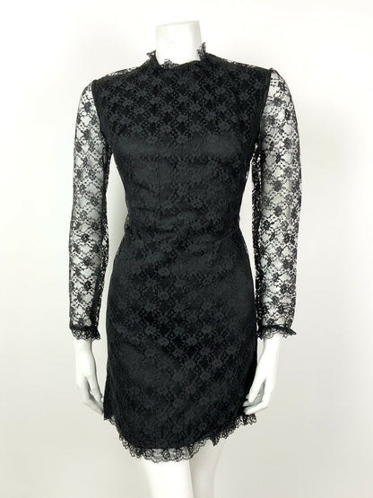 VINTAGE 60s 70s MOD BLACK FLORAL LACE RUFFLE COVEN GYPSY SHORT DRESS 8