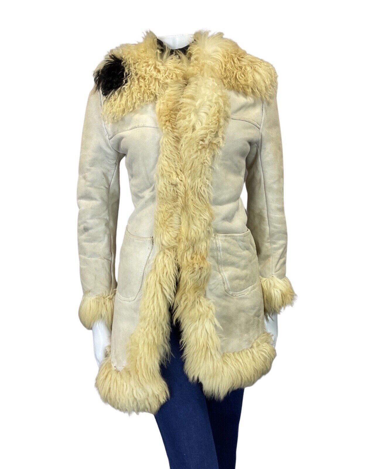 VINTAGE 60s 70s CREAM WHITE MOD BOHO PENNY LANE SUEDE SHEARLING COAT 6 8