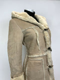 VTG 60s 70s BEIGE CREAM SHEARLING SHEEPSKIN HOODED TOGGLE BOHO MOD COAT 12 14