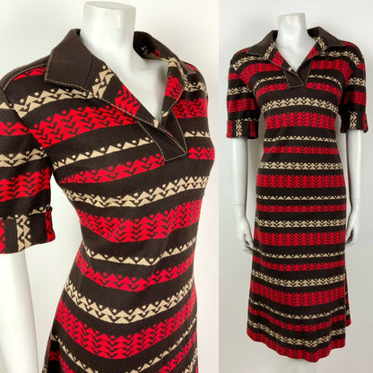 VINTAGE 60s 70s MOD BROWN RED BEIGE STRIPED SHIRT DRESS 14 16