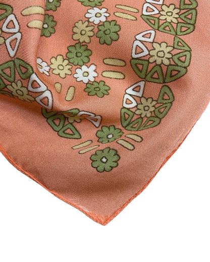 VINTAGE 60s 70s ORANGE GREEN CREAM DAISY FLOWER SPOTTED  MOD SQUARE SCARF