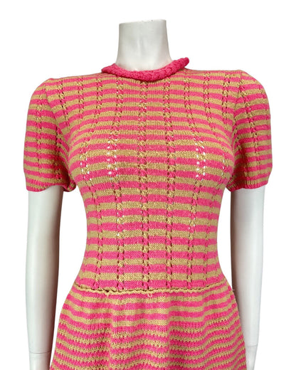 VINTAGE 60s PINK BEIGE STRIPED KNITTED CROCHETED MOD SUMMER SHORT DRESS 10