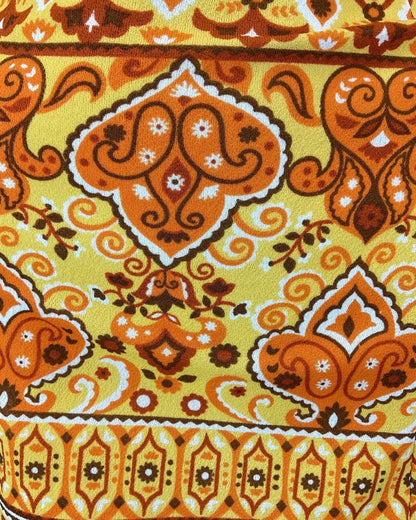 VINTAGE 60s 70s YELLOW BROWN ORANGE MANDALA FLOWER PSYCHEDELIC FITTED DRESS 12