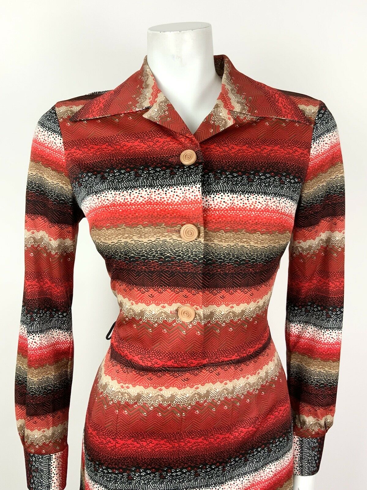 VTG 60s 70s RED BROWN WHITE BLACK STRIPED CHEVRON DOTTY DAGGER SHIRT DRESS 12 14