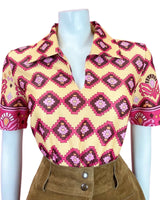 VINTAGE 60s 70s YELLOW PINK BROWN GEOMETRIC AZTEC MOD CROPPED BLOUSE 14 16