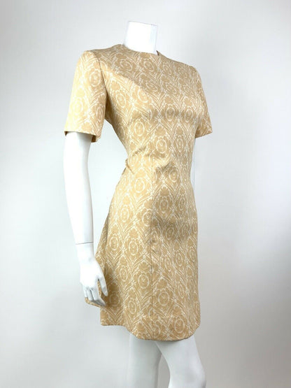 VINTAGE 60s 70s BEIGE WHITE FLORAL DAMASK MOD SCOOTER MINI FITTED DRESS 14 16