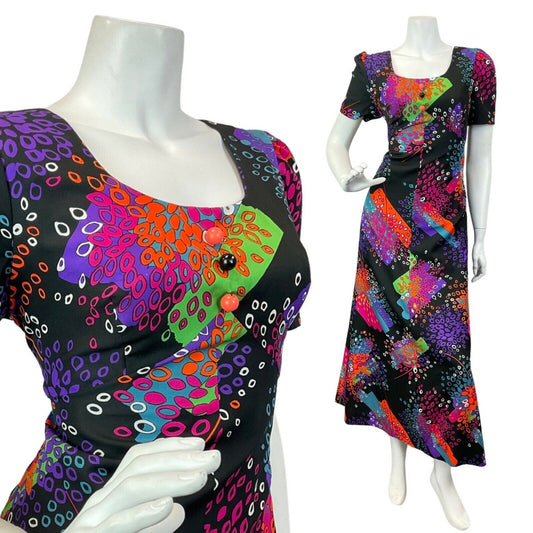 VINTAGE 60s 70s BLACK PURPLE GREEN ABSTRACT LEAFY PSYCHEDELIC MOD MAXI DRESS 12