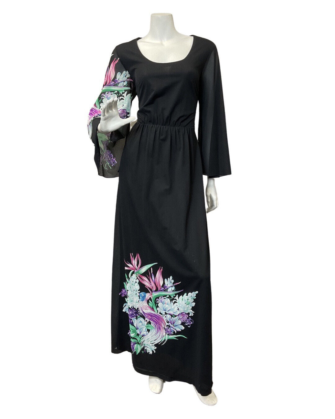 VINTAGE 60s 70s BLACK PURPLE GREEN FLORAL PARADISE BIRD SHEER MAXI DRESS 14