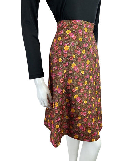 VINTAGE 60s 70s BROWN PINK YELLOW DOTTY FLORAL KNEE-LENGTH FLARED SKIRT 6