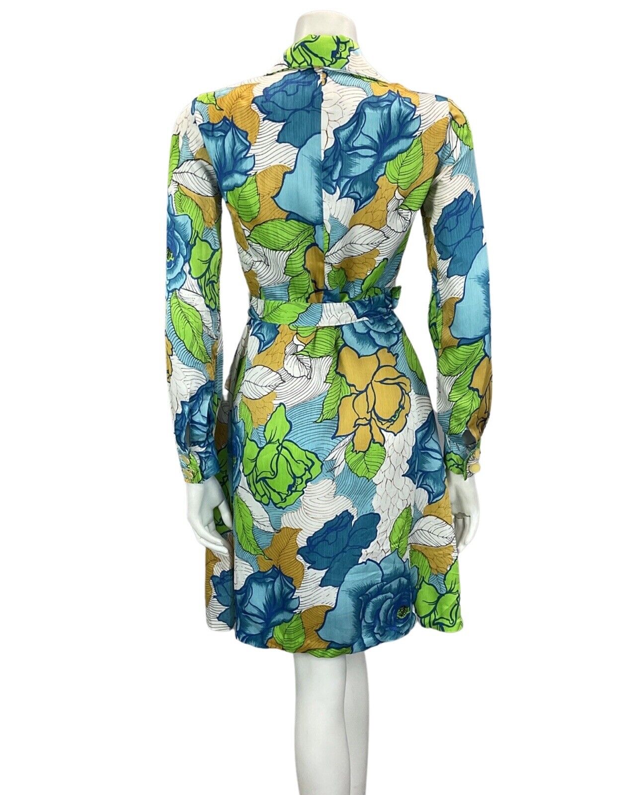 VINTAGE 60S 70S WHITE BLUE GREEN YELLOW FLORAL PRINT BOHO MOD MINI DRESS 10 12