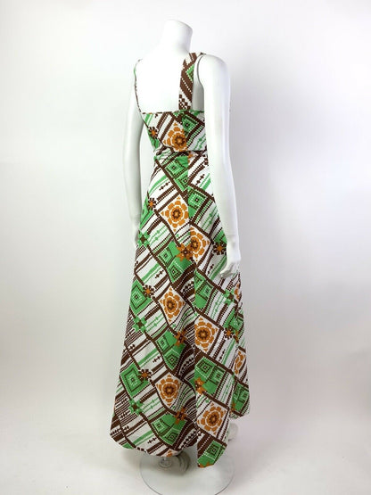 VTG 60s 70s WHITE BROWN ORANGE GREEN PIXEL GEOMETRIC CHECKED MAXI DRESS 12 14