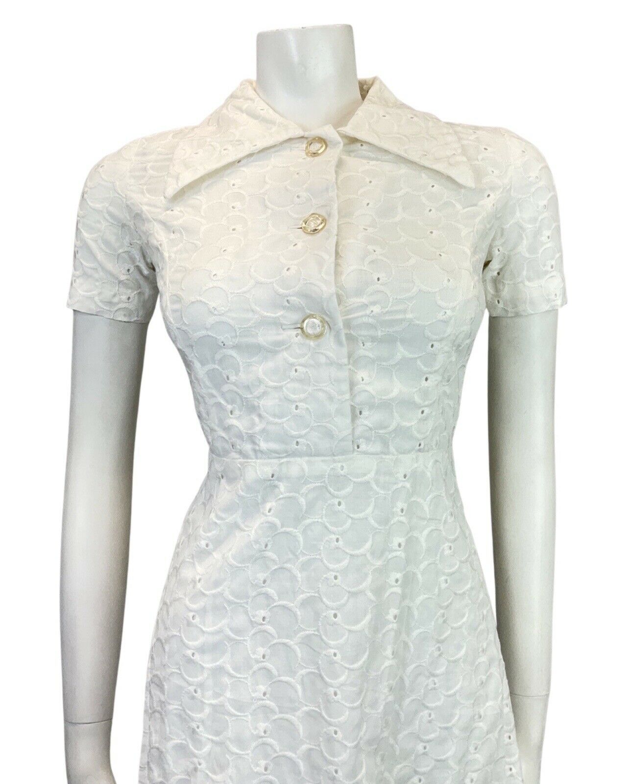 VINTAGE 60s 70s WHITE EMBROIDERED CUT-WORK DAGGER COLLAR MOD SHIRT DRESS 6 8